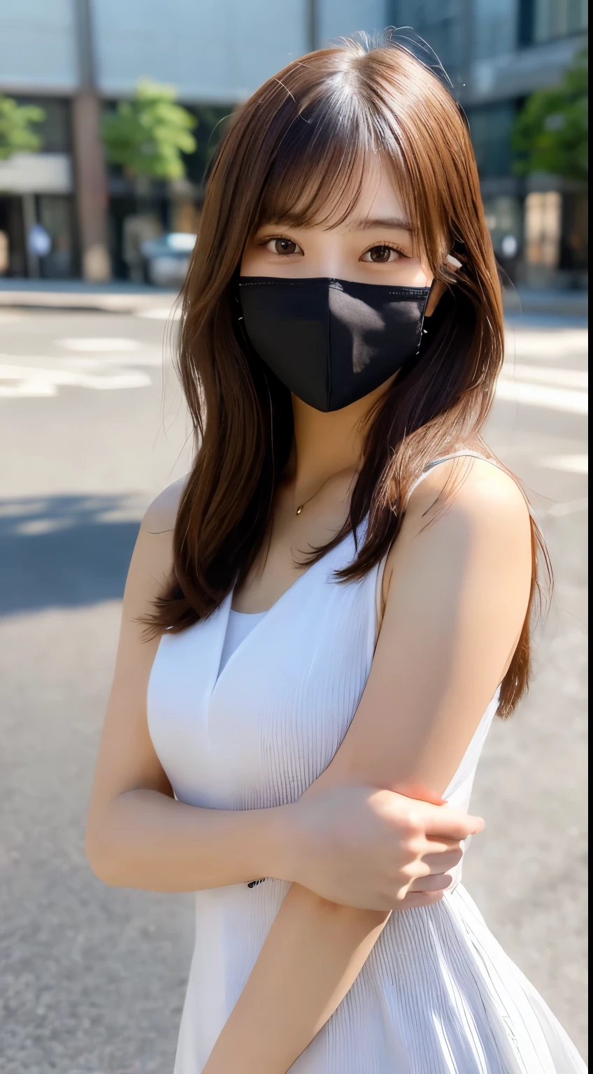 masutepiece, photo realistic,Best Quality, realistic, raw photo,Ultra-detailed, finely detail, hight resolution, 8K Wallpaper, Beautiful detailed eyes, Women's Fashion Summer,Medium Hair,mid-chest, Bold sexy poses,Smile,osaka,full body, 20 years girl, Cute, Sexy shot looking at camera,disposable mask