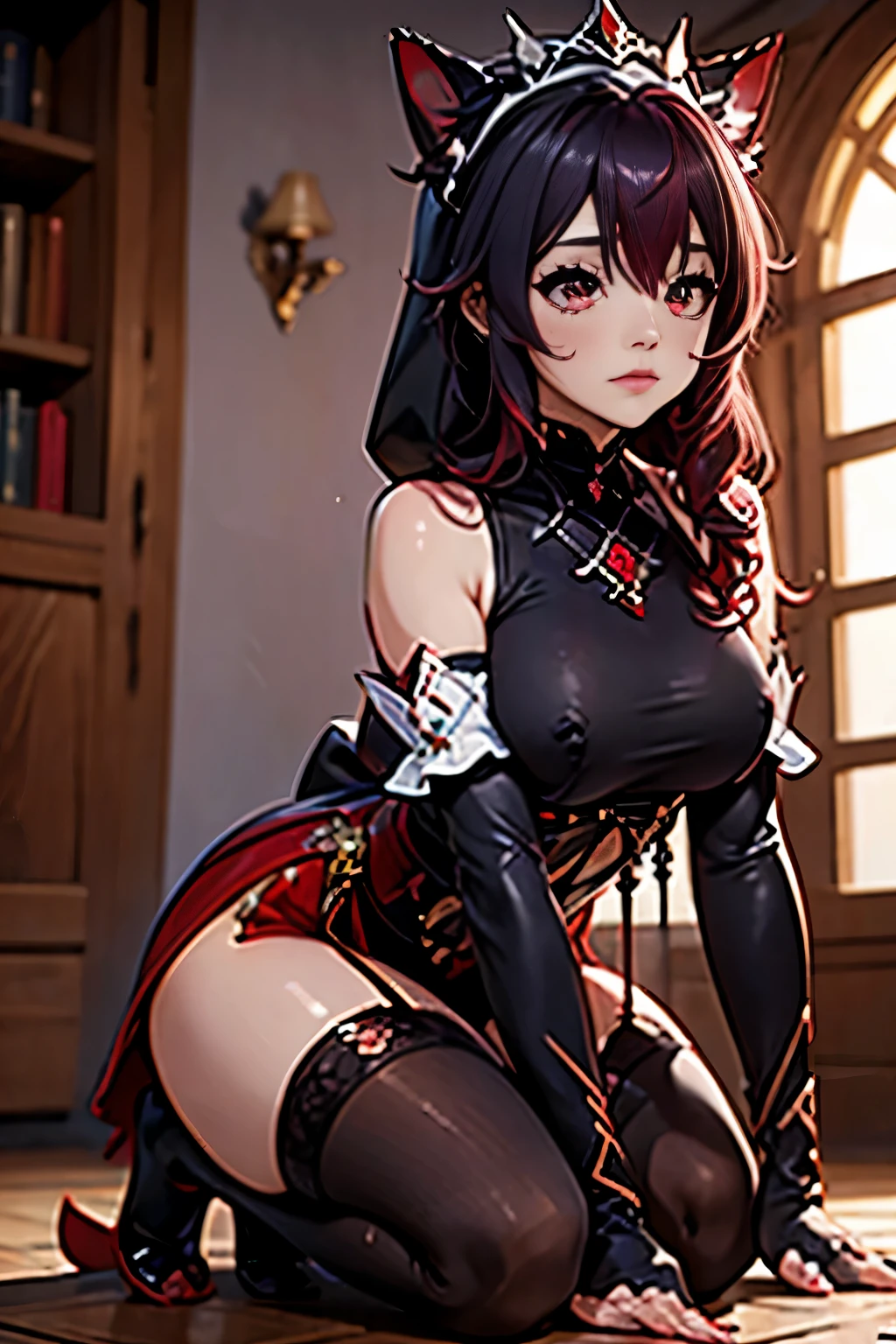 junkotvv como rosariadef rosariarnd rosariafreespirit pelo pelo largo (ojos rojos, orejas de gato) big breasts hair ornament jewelry hair between eyes,Hija,chica adolescente,teardrop,llanto,desgarrado,correa de cadena,behind the arm,kneeling down,encadenar,bdsm,coletas altas