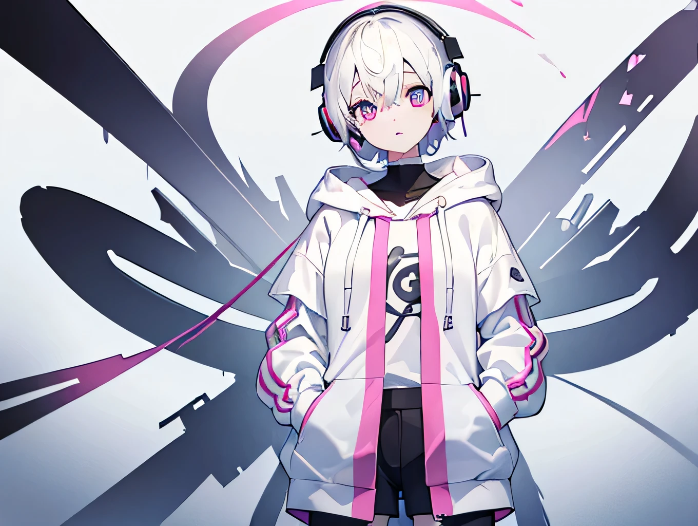(masterpiece, highest quality:1.6), one person, Thick outline, (Simple Background, Plain white background, Monochrome), Official Art, Key Visual, 8k, Character portrait,whole body, (Pixie Cut, Plain oversized hoodie, Wearing a hood, Short torso:1.2,Headphones), Thighs, High resolution, Sharp focus, High resolution, Most detailed, Very detailed, Very detailed, finely, Detailed eyes and face, Sharp pupils, Contrast between pink and white, one person, Put your hands in your pockets