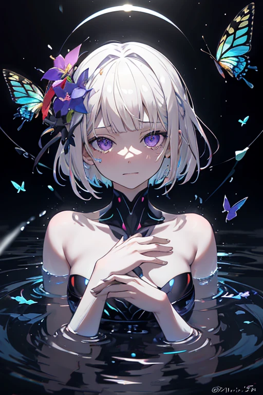 titlefont polychrome, glitch,(surreal:1.3), (chromatic aberration), (beautiful young female:1.4), (streaming tears), sad, (butterflies:1.2), (blue purple flowers), looking at viewer, partially submerged, hand on own face, topless, (white hair, short hair, bangs:1.2), hair flower, (glowing eyes), smirking, ripples, dark water, black background, (prismatic), iridescent, holographic,