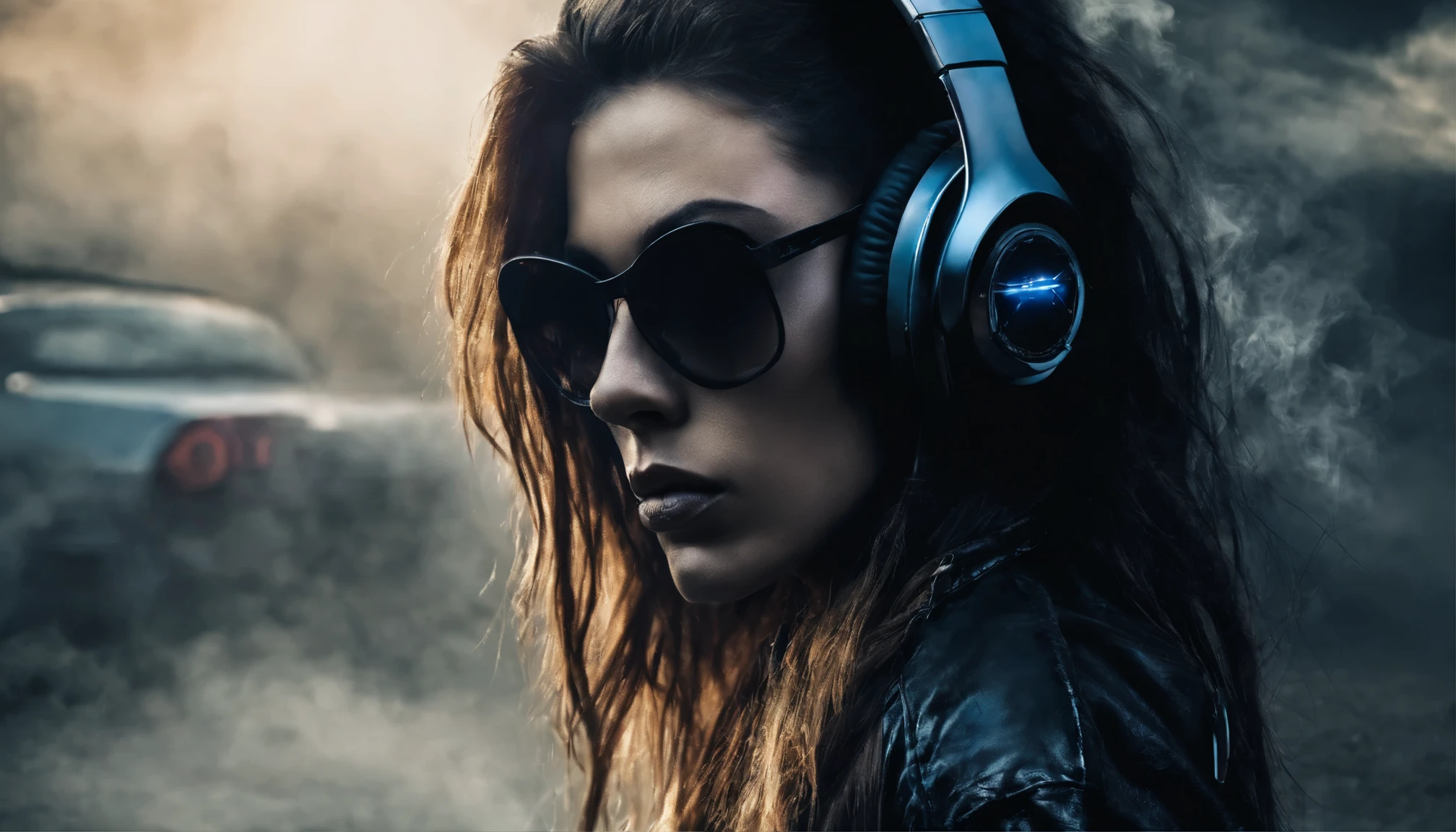 In the foreground is a beautiful young girl with long hair., wearing large stylish headphones. She looks confident and immersed in the music. There is a sports car in the background, shrouded in colorful smoke, creating a vibrant and dynamic atmosphere.
Details for creating a picture:
Main object:
beautiful young girl in bikini,in sunglasses.
long hair.
Large stylish headphones.
the background:
sports car (Sports car).
colorful smoke, surrounding car.
Style and mood:
Modern and dynamic style.
Bright and rich colors for smoke.
An atmosphere of energy and movement.
Technical specifications:
a high resolution.
Realistic or semi-realistic stylization.
Well-detailed details of headphones and car.
Dramatic lighting to create striking contrasts and highlight key elements