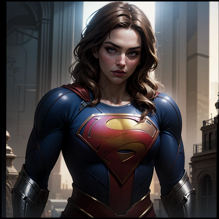 Supergirl, above the city, preparing for battle, detailed artistic photography, beautiful detailed face, dreamy, glowing, backlit, glamour, glow, shadows, oil on canvas, brush strokes, soft, ultra high definition, 8k, unreal engine 5, ultra focus sharp, artgerm, loish, sf, intricate art masterpiece, menacing, matte paint movie poster, golden ratio, trends in cgsociety, intricate, epic, highly detailed, vibrant, production cinematic character rendering, quality model ultra high