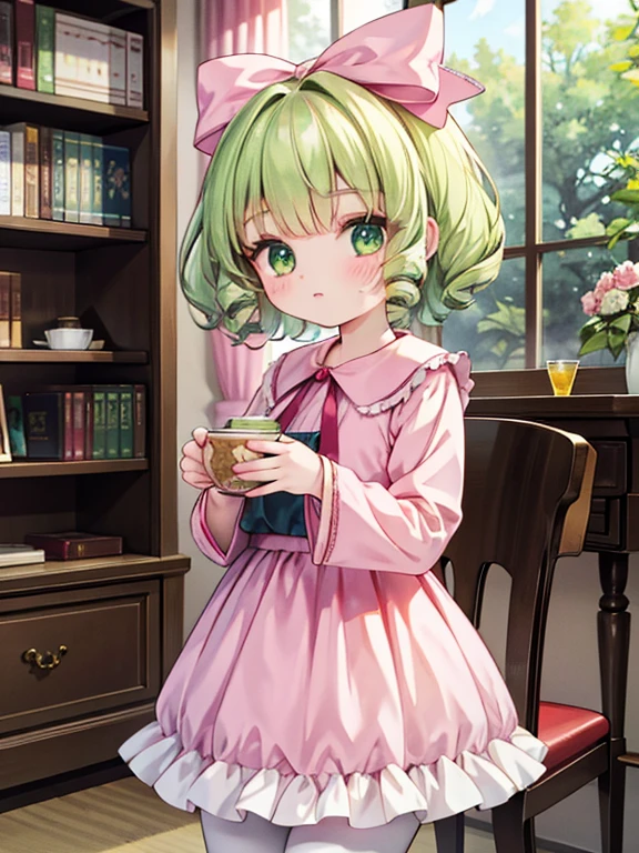 masterpiece, highest quality, Very detailed, 16k, Ultra-high resolution, Cowboy Shot, Detailed face, Perfect Fingers, A 14-year-old girl, Luxurious Western-style building, Bookshelf, Table seating, Chair, Tea making facilities, Chairに座って本を読む, hair bow, ribbon, drill hair, green eyes, short hair, pink dress, white bloomers, white pantyhose, hinaichigo