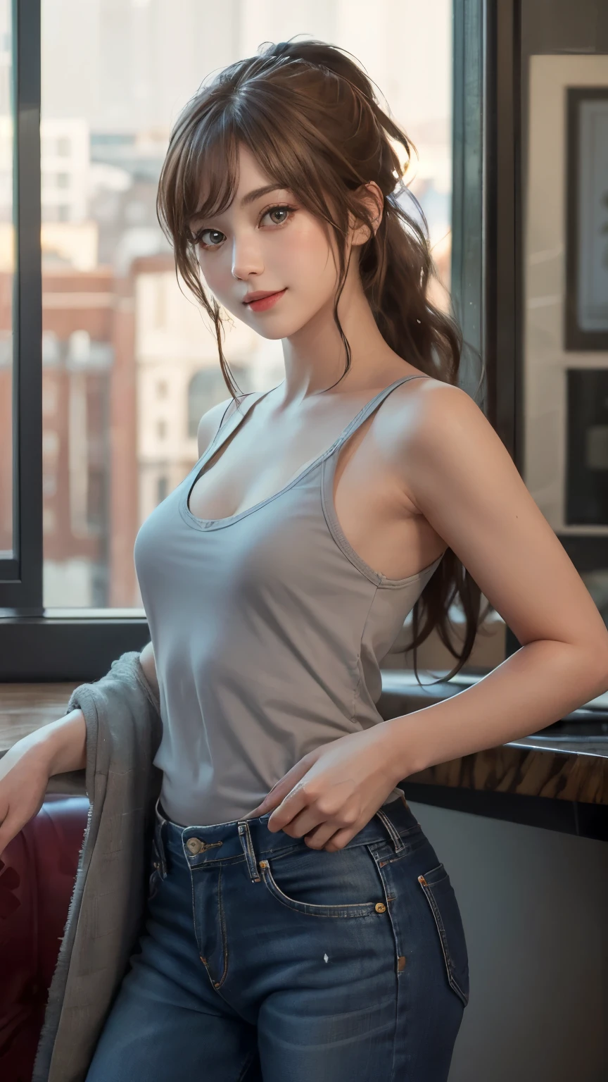 (masterpiece:1.2), (photorealistic:1.2), (best quality),((realistic:1.3)), (detailed skin:1.3), (intricate details), 1girl, dramatic, quality,realistic lighting, ponytail, small breasts,1girl,aalisa, long hair, blunt_bangs, brown hair, grey eyes, singlet, Levis, smile,looking at viewer, stand, solo