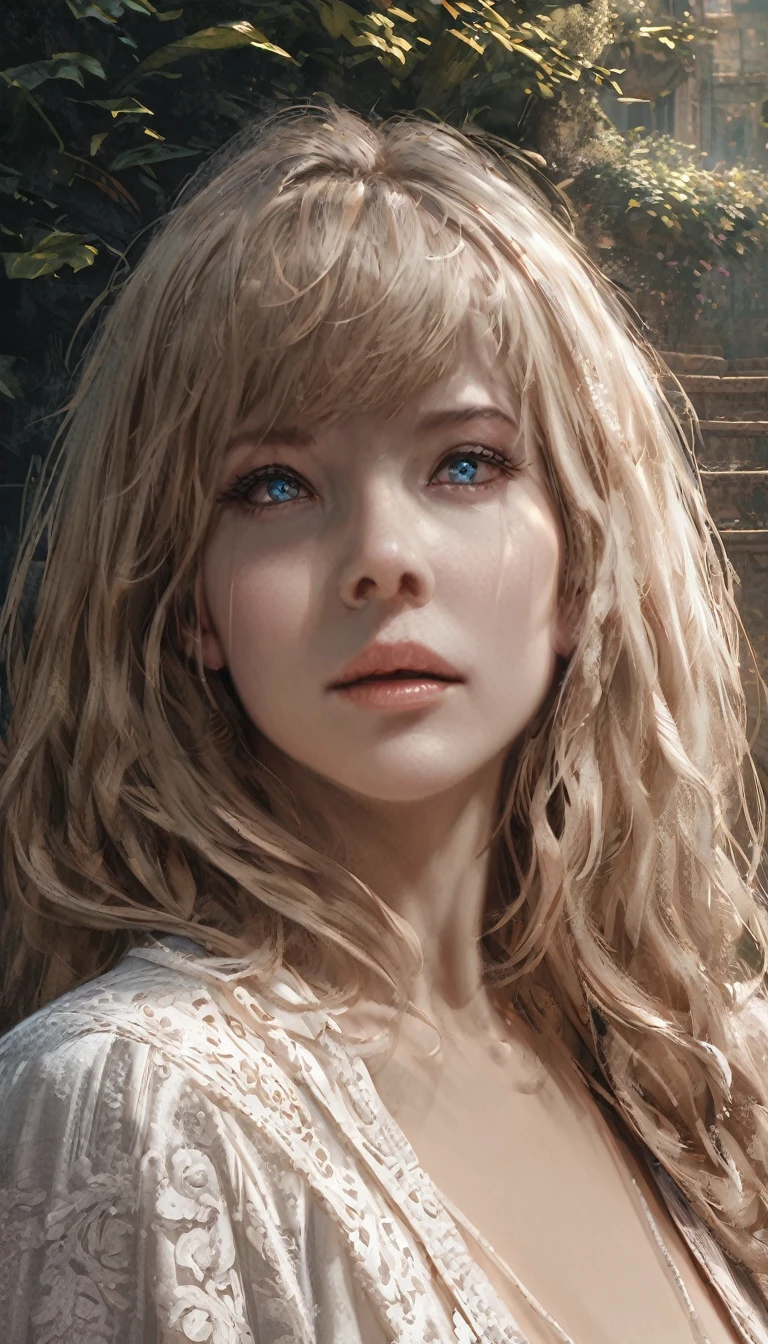 beautiful tall woman with long white hair, detailed face, piercing blue eyes, full lips, slender figure, , standing in a courtyard, overcast sky, lush greenery, photorealistic, cinematic lighting, hyper detailed, 8k, (best quality,4k,8k,highres,masterpiece:1.2),ultra-detailed,(realistic,photorealistic,photo-realistic:1.37),intricate,sharp focus,vibrant colors