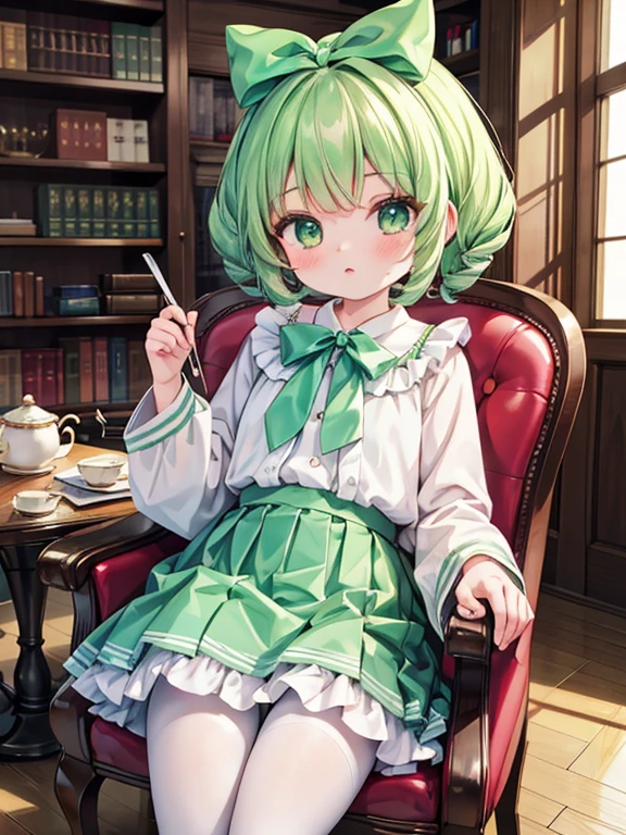 masterpiece, highest quality, Very detailed, 16k, Ultra-high resolution, Cowboy Shot, Detailed face, Perfect Fingers, A , Luxurious Western-style building, Bookshelf, Table seating, Chair, Tea making facilities, Chairに座って本を読む, hair bow, ribbon, drill hair, green eyes, short hair, pink dress, white bloomers, white pantyhose, hinaichigo
