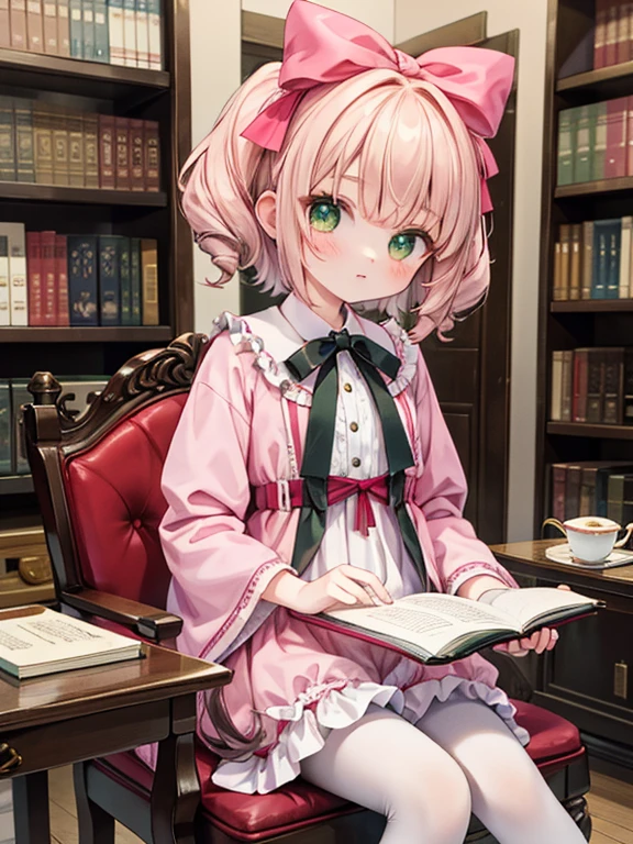 masterpiece, highest quality, Very detailed, 16k, Ultra-high resolution, Cowboy Shot, Detailed face, Perfect Fingers, A -yeld gi Luxurious Western-style building, Bookshelf, Table seating, Chair, Tea making facilities, Chairに座って本を読む, hair bow, ribbon, drill hair, green eyes, short hair, pink dress, white bloomers, white pantyhose, hinaichigo

