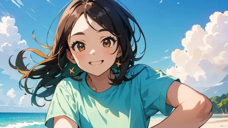 (masterpiece, highest quality, highest quality, Official Art, beautifully、beautiful:1.2), 1 girl,Daytime,blue sky,Sandy Beach,Cute older sister,Short sleeve,Upper Body,front,Semi-long hair,Hair color: Brown,Smile with mouth slightly open,Head to Knee