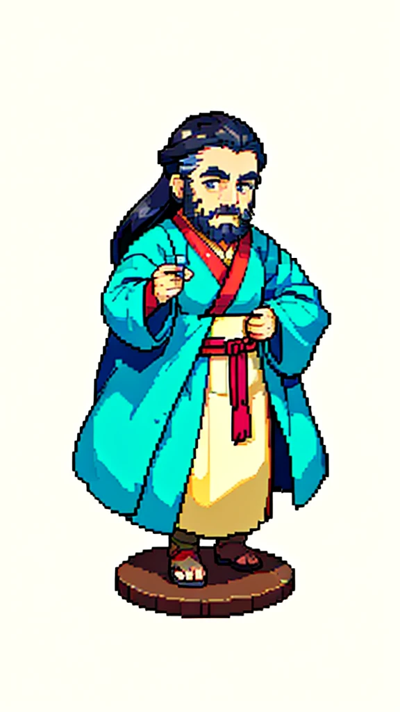 Old man in ancient Chinese costume、Wise Old Man、Looking into the camera、His hair is tied in a bun、Only one topknot、Long sleeve、Hanfu、Black Hair、Stand and pose、Pixel art、(masterpiece, highest quality, highest quality), pixel,pixel art,whole body,Characters in Romance of the Three Kingdoms、Transform、(beard)、Short Deformation、Old man with long beard