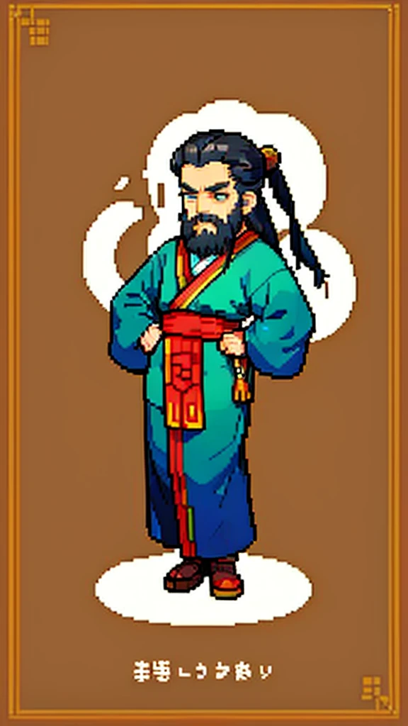 Old man in ancient Chinese costume、Wise Old Man、Looking into the camera、His hair is tied in a bun、Only one topknot、Long sleeve、Hanfu、Black Hair、Stand and pose、Pixel art、(masterpiece, highest quality, highest quality), pixel,pixel art,whole body,Characters in Romance of the Three Kingdoms、Transform、(beard)、Short Deformation、Old man with long beard