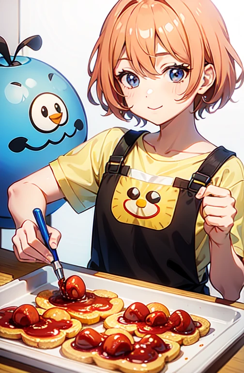 Uncle Jam is baking Anpanman's face with breadcrumbs containing preservatives, and Anpanman has a moldy face.