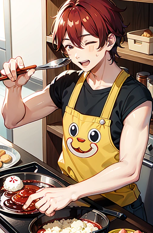 Uncle Jam is baking Anpanman's face with breadcrumbs containing preservatives, and Anpanman has a moldy face.
