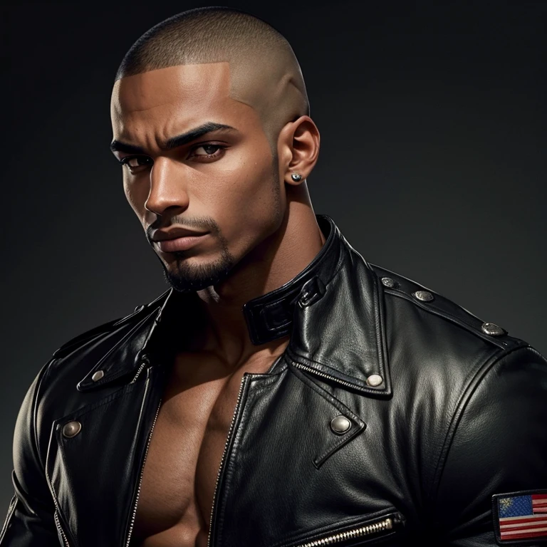 Homem negro; Jovem; Muscular; jaqueta preta; shaved head; corte de cabelo militar; Angle 3/4; serious look; barba por fazer; pele negra;
