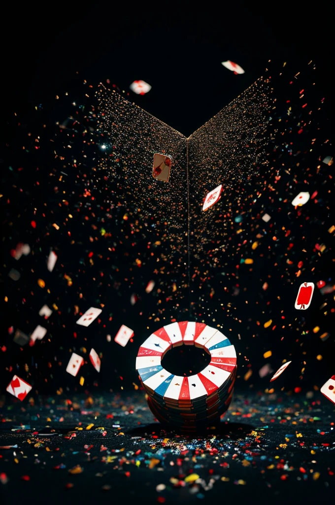 A lot of flying playing cards with top light on a black background, accompanied by flying ribbons of glitter particles, a large aperture lens with an overall black and red tone