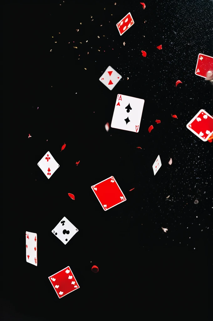 A lot of flying playing cards with top light on a black background, accompanied by flying ribbons of glitter particles, a large aperture lens with an overall black and red tone