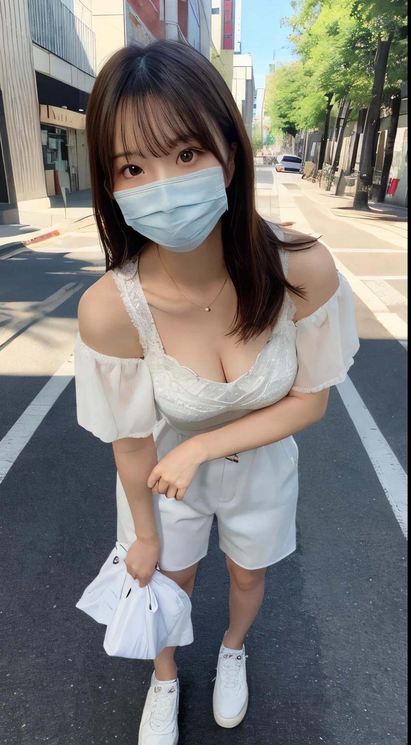 masutepiece, photo realistic,Best Quality, realistic, raw photo,Ultra-detailed, hight resolution, 8K, Beautiful detailed eyes, Women's Fashion Summer,Medium Hair,mid-chest, Bold sexy poses,osaka,full body, 20 years girl, Cute, Sexy shot looking at camera,disposable mask