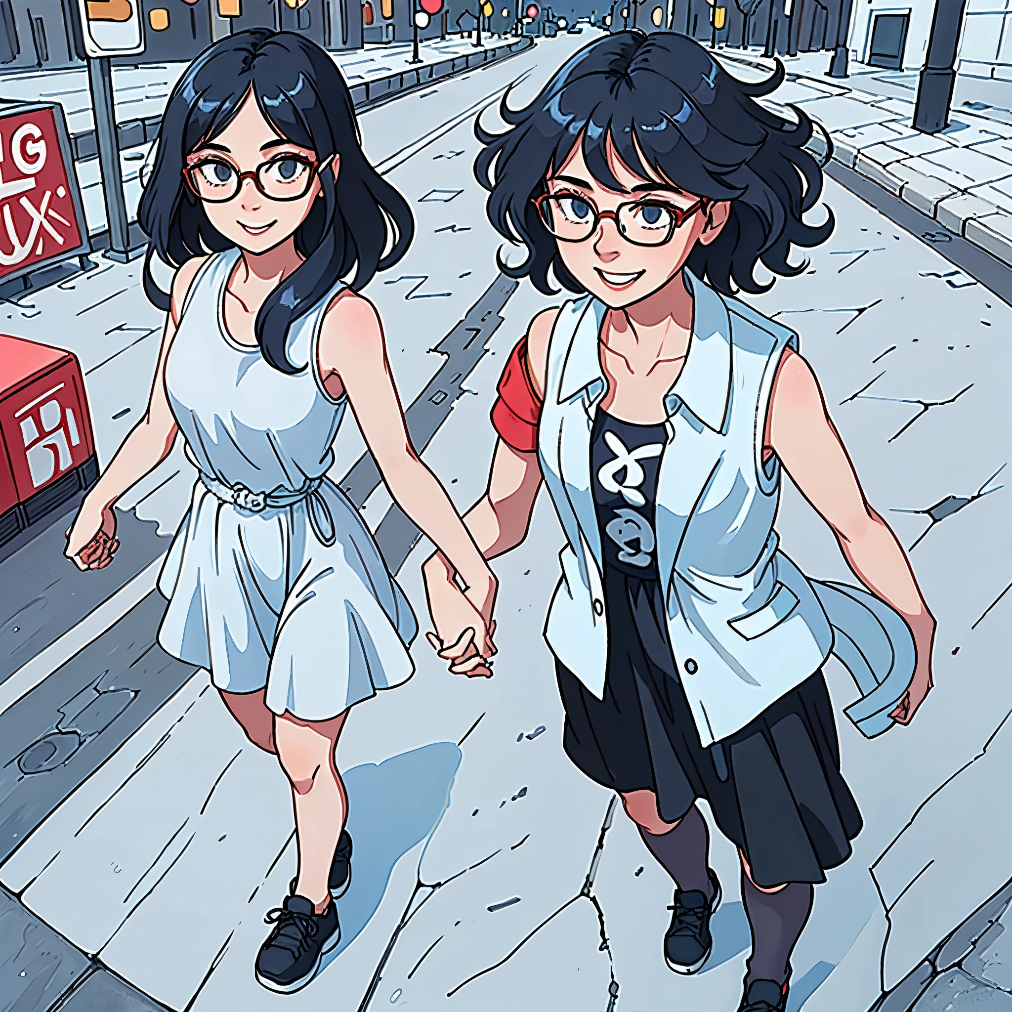 (masterpiece:1.2), high quality, high resolution, a man and a woman holding hands, walking in the middle of an urban road, man with curly hair and glasses, wearing casual summer clothes, woman with long black hair, slightly shorter, smiling, wearing a sleeveless dress, realistic, detailed, intricate, beautiful lighting, urban setting, realistic style