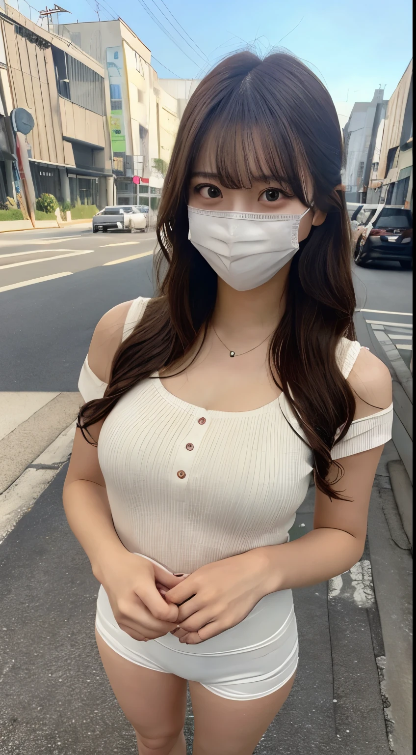 masutepiece, photo realistic,Best Quality, realistic, raw photo,Ultra-detailed, hight resolution, 8K, Beautiful detailed eyes, Women's Fashion Summer,Medium Hair,mid-chest, Bold sexy poses,osaka,full body, 20 years girl, Cute, Sexy shot looking at camera,disposable mask