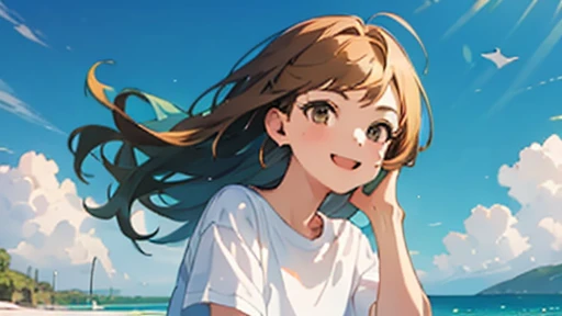 (masterpiece, highest quality, highest quality, Official Art, beautifully、beautiful:1.2), 1 girl,Daytime,blue sky,Sandy Beach,Cute older sister,Short sleeve,Upper Body,front,Semi-long hair,Hair color: Brown,Smile with mouth slightly open,Head to Knee,Gazing into the distance