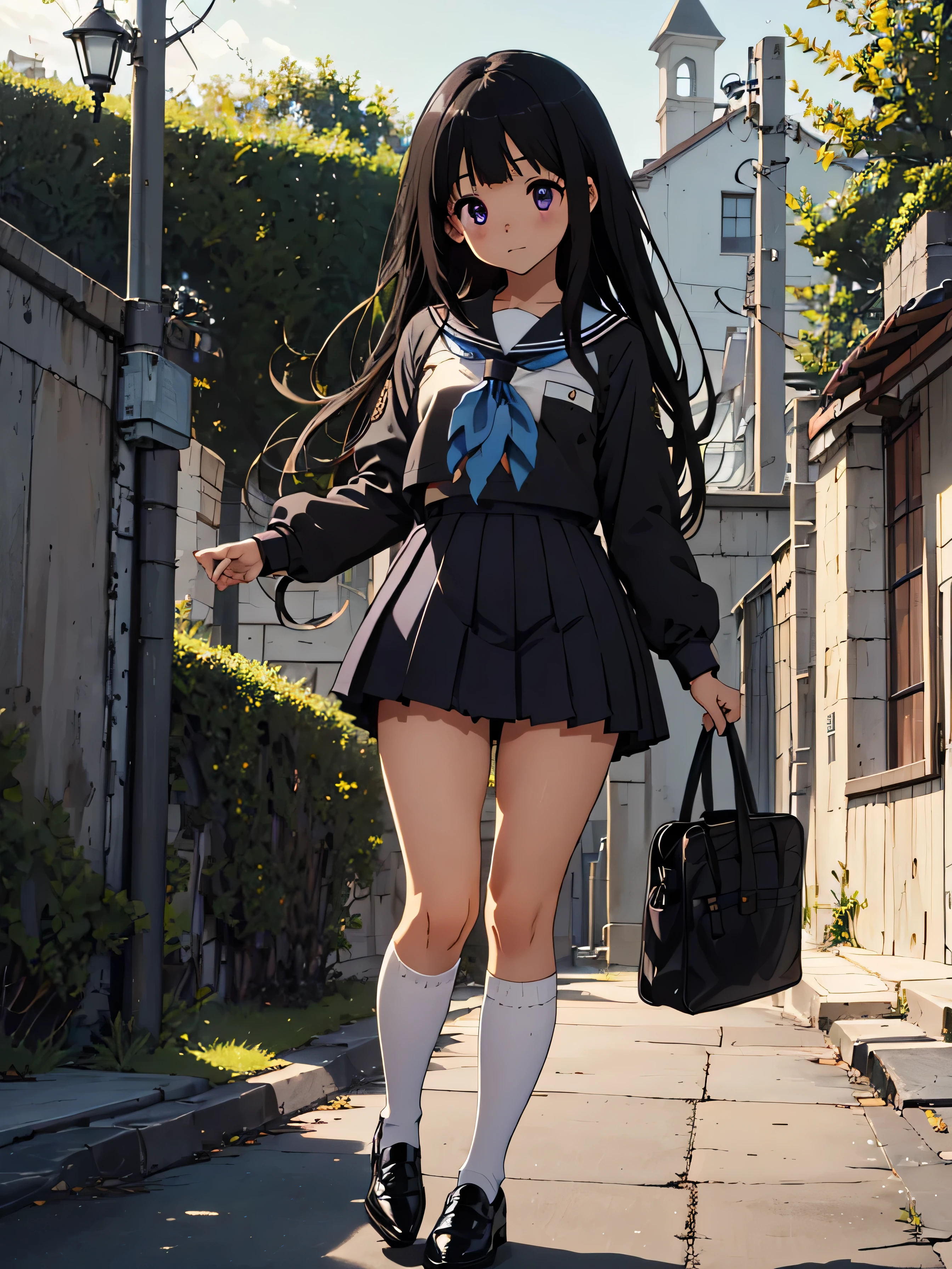 masterpiece, highest quality, Super detailed, Intricate details, Perfect Anatomy, In detail, Detailed Background, Schoolyard, One girl, chitanda eru, Long black hair, , kamiyama high , Purple eyes, serafuku, White knee-high socks, Black pleated skirt, bangs, Black sailor collar, Brown shoes, neckerchief, loafers, Long sleeve, Are standing, Captivating eyes,