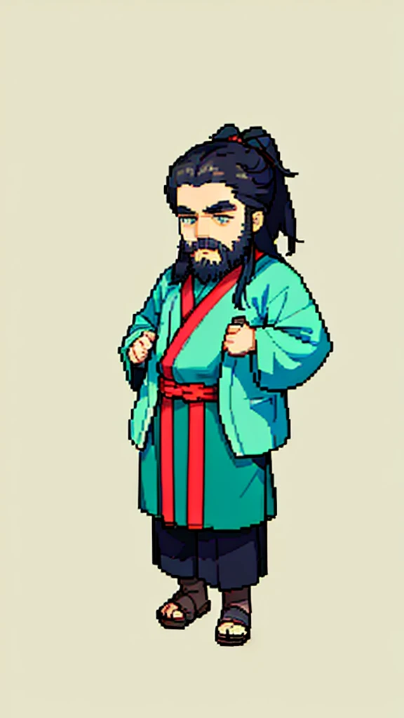 Old man in ancient Chinese costume、Wise Old Man、Looking into the camera、His hair is tied in a bun、Only one topknot、Long sleeve、Hanfu、Black Hair、Stand and pose、Pixel art、(masterpiece, highest quality, highest quality), pixel,pixel art,whole body,Characters in Romance of the Three Kingdoms、Transform、(beard)、Short Deformation、Old man with long beard