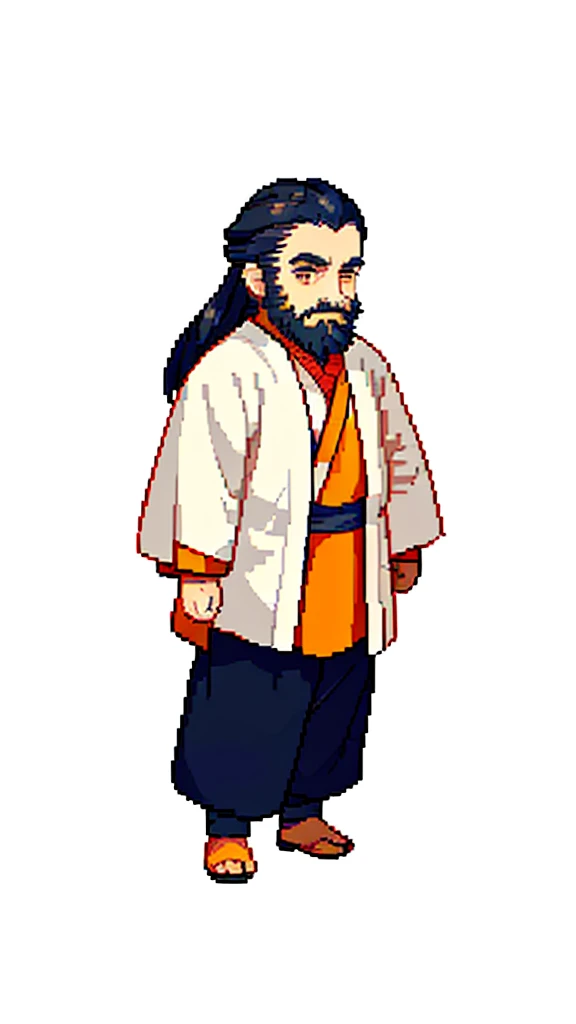 Old man in ancient Chinese costume、Wise Old Man、Looking into the camera、His hair is tied in a bun、Only one topknot、Long sleeve、Hanfu、Black Hair、Stand and pose、Pixel art、(masterpiece, highest quality, highest quality), pixel,pixel art,whole body,Characters in Romance of the Three Kingdoms、Transform、(beard)、Short Deformation、Old man with long beard