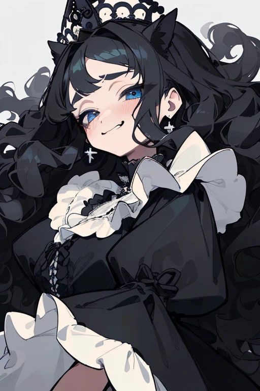 (highest quality、masterpiece:1.2), ((young woman))huge , adult face、black hair、BLUE eyes, (dark eye shadow、lots of earrings) gothic dress, black dress, victorian dress, (((fluffy hair))), makeup, finely detailed, (best quality), (intricate details), ((Long jet black hair)), ((Hair is fluffy)), best quality, beautiful face, cute face, pinup, perfect face, (((blue eyes))), ((curly long hair)), bratty, smug face, ((Bratty smile, happy)), (()), ((Long curly fluffy hair))