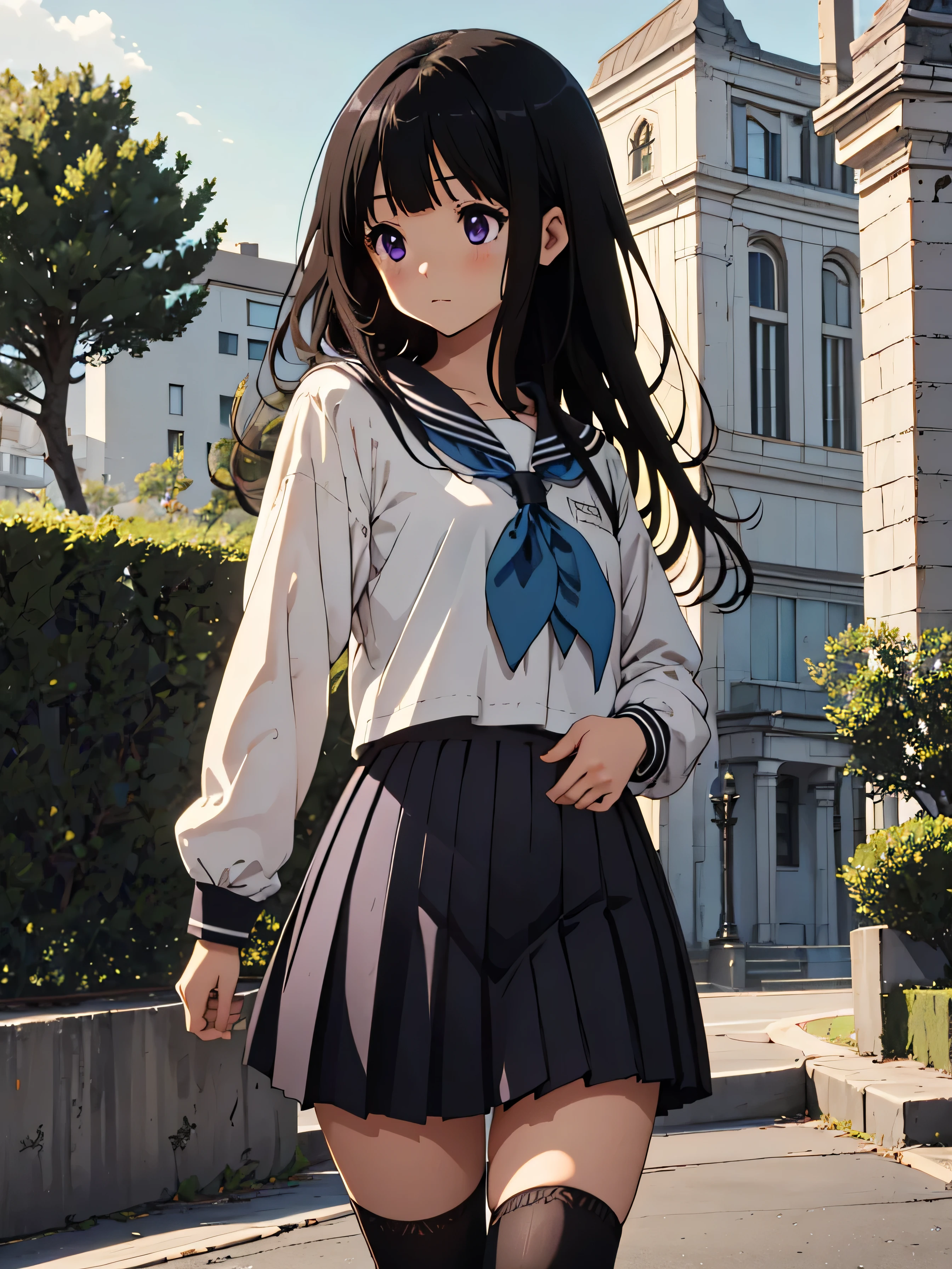 masterpiece, highest quality, Super detailed, Intricate details, Perfect Anatomy, In detail, Detailed Background, Schoolyard, One girl, chitanda eru, Long black hair, , kamiyama high , Purple eyes, serafuku, White knee-high socks, Black pleated skirt, bangs, Black sailor collar, Brown shoes, neckerchief, loafers, Long sleeve, Are standing, Captivating eyes,