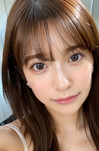 nswf, (selfie shot:2), (from above:1.3),(wearing Bra Top:1.3),(flat chest:1.3),cleavage,(Close Up :1.3), Top quality, 1 beautiful Japanese woman, ,(18 years old), ,bob cut, (brown hair:1.2), swept bangs, embarrassed,Ultra-realistic capture, Highly detailed, High resolution 16k close-up of human skin. Skin texture must be natural, With such detail that pores can be finely identified. Skin should look healthy, In a uniform tone. Use natural light and color,