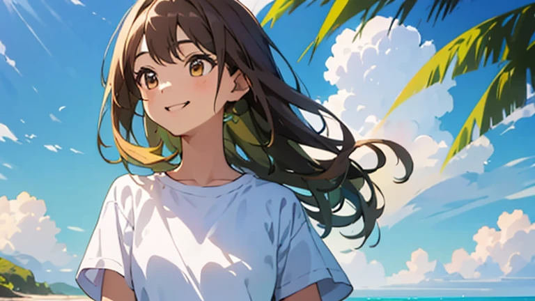 (masterpiece, highest quality, highest quality, Official Art, beautifully、beautiful:1.2), 1 girl,Daytime,blue sky,Sandy Beach,Cute older sister,Short sleeve,Upper Body,front,Semi-long hair,Hair color: Brown,Smile with mouth slightly open,Head to Knee,Gazing into the distance