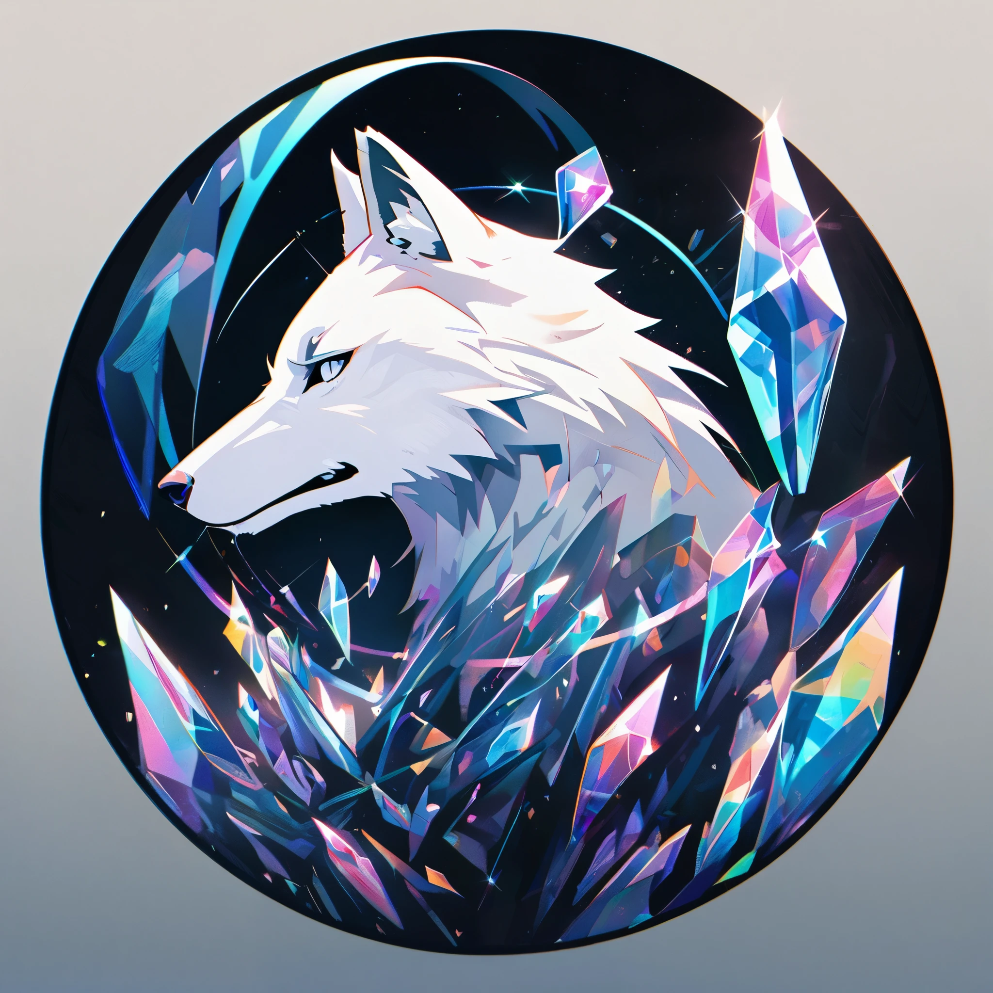 simple, cool, symbol logo, facial profile, 8k, a wolf, crystals floating in a circle