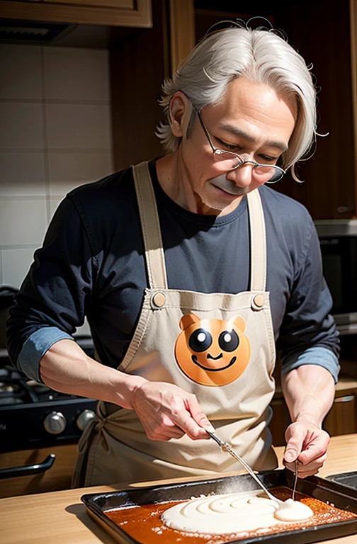 Uncle Jam is baking Anpanman's face with breadcrumbs containing preservatives, and Anpanman has a moldy face.