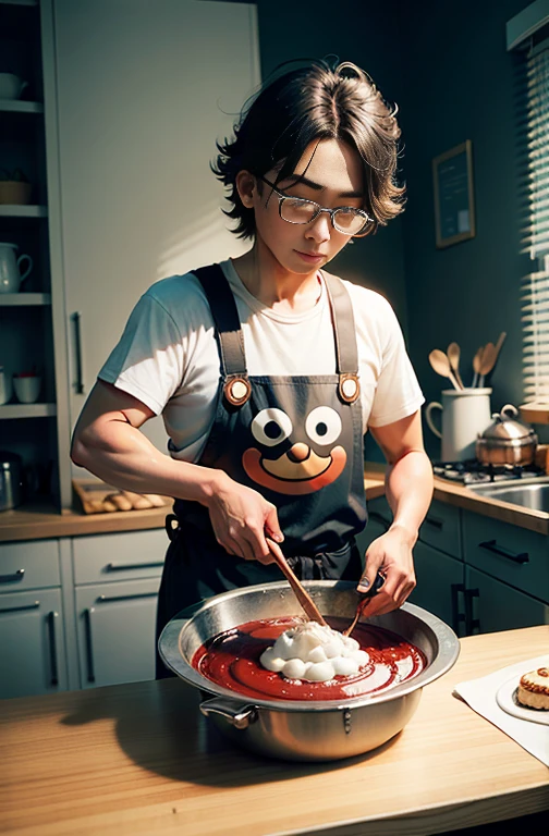 Uncle Jam is baking Anpanman's face with breadcrumbs containing preservatives, and Anpanman has a moldy face.
