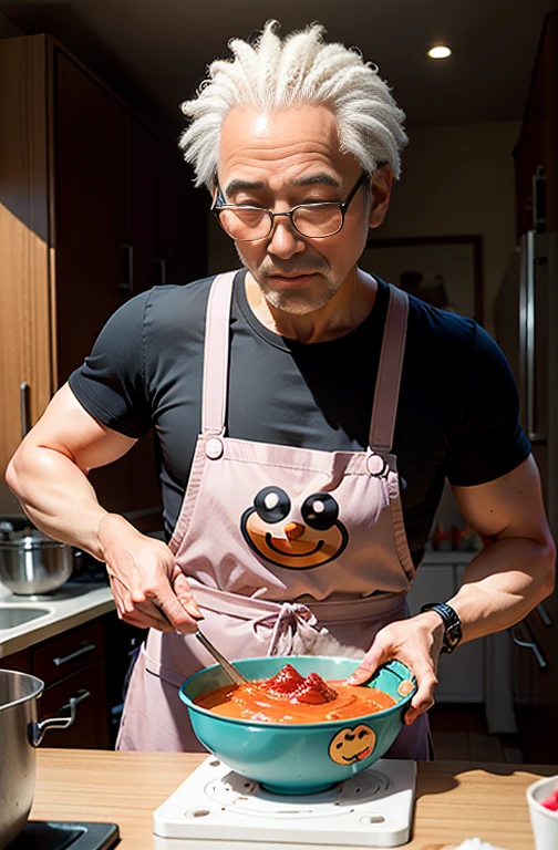 Uncle Jam is baking Anpanman's face with breadcrumbs containing preservatives, and Anpanman has a moldy face.