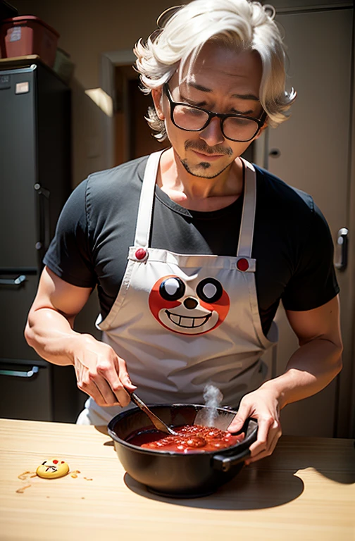 Uncle Jam is baking Anpanman's face with breadcrumbs containing preservatives, and Anpanman has a moldy face.