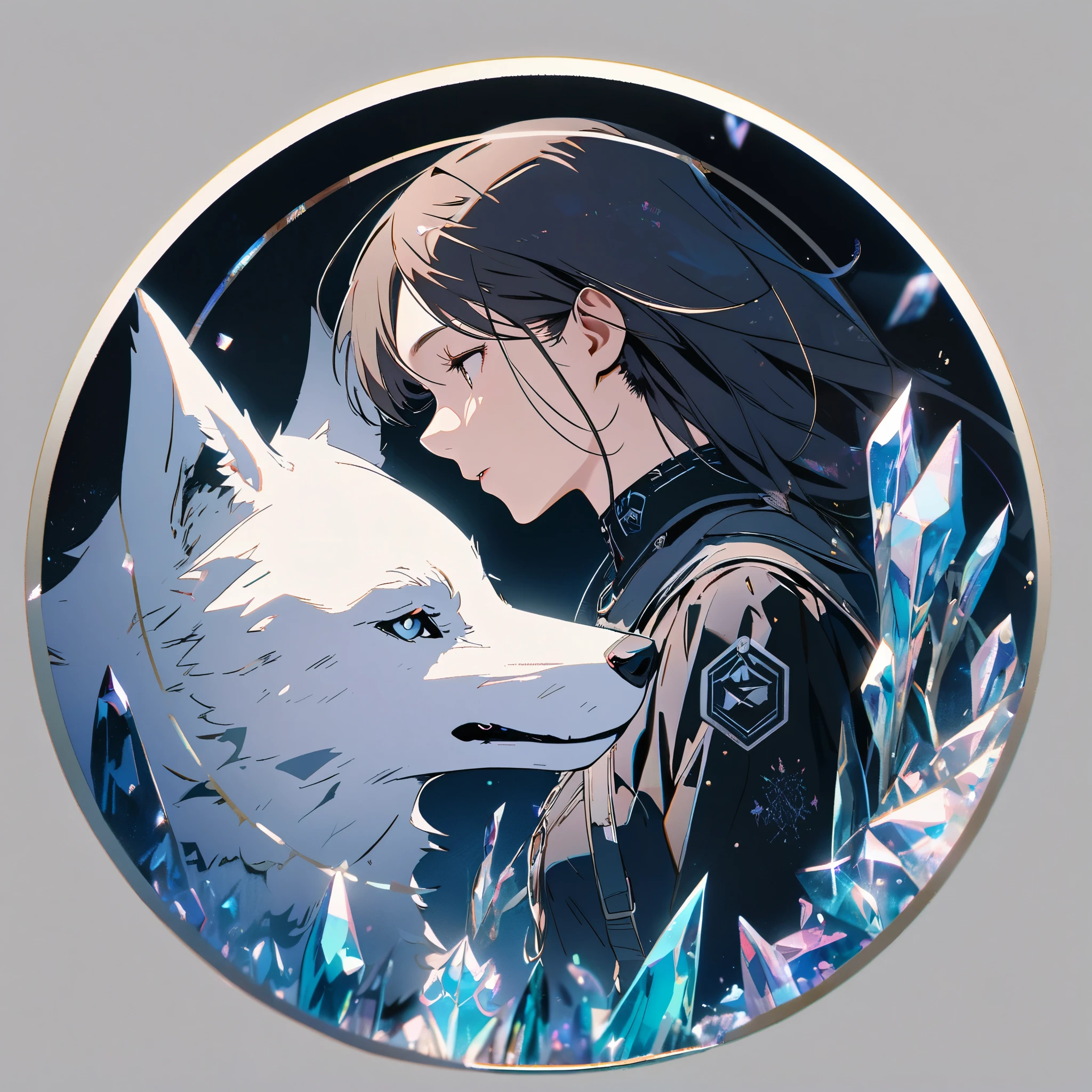 simple, symbol logo, facial profile, 8k, a wolf, crystals floating in a circle