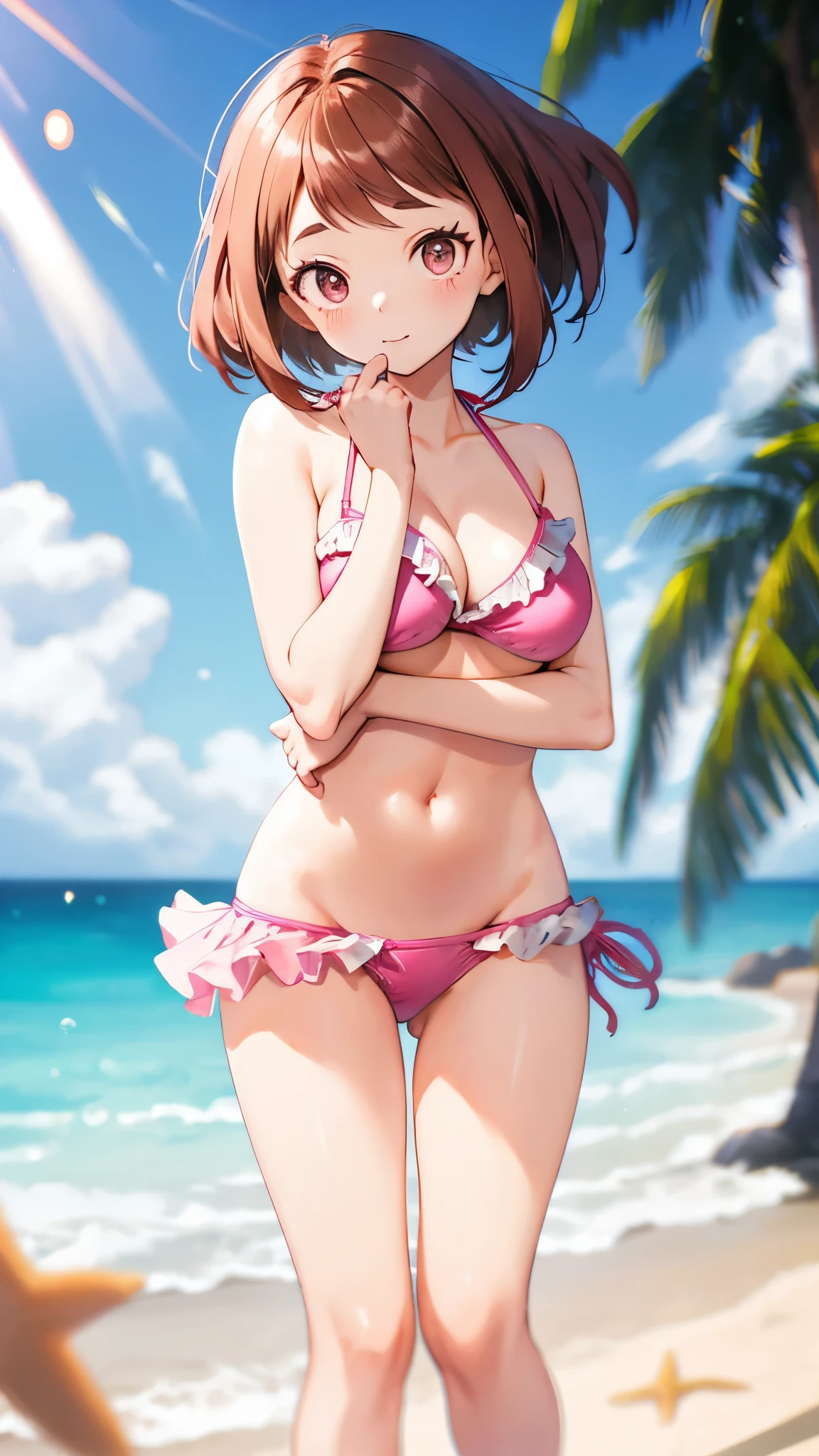 (uraraka ochako), (One Girl:1.3), (You are sexy:1.1),short hair, Brown Hair,(Pink ruffle bikini, Ruffled bikini:1.5),Round eyes, (chest:1.1),background is (Beach:1.3), (Stand in the center of the screen:1.1), Outdoor, Wind destroys sunlight, Nice views, Particles of light, Dynamic Angle, Dutch Angle, Breaking Perspective (Daytime, Sunbeam:1.2), Depth of written boundary, Bokeh, Light leakage, (chromatic aberration:1.2),