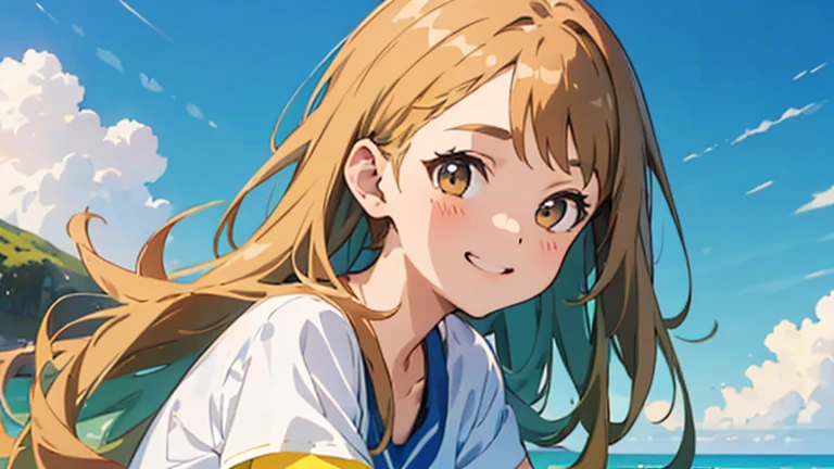 (masterpiece, highest quality, highest quality, Official Art, beautifully、beautiful:1.2), 1 girl,Daytime,blue sky,Sandy Beach,Cute older sister,Short sleeve,Upper Body,front,Semi-long hair,Hair color: Brown,Smile with mouth slightly open,Head to Feet,Gazing into the distance