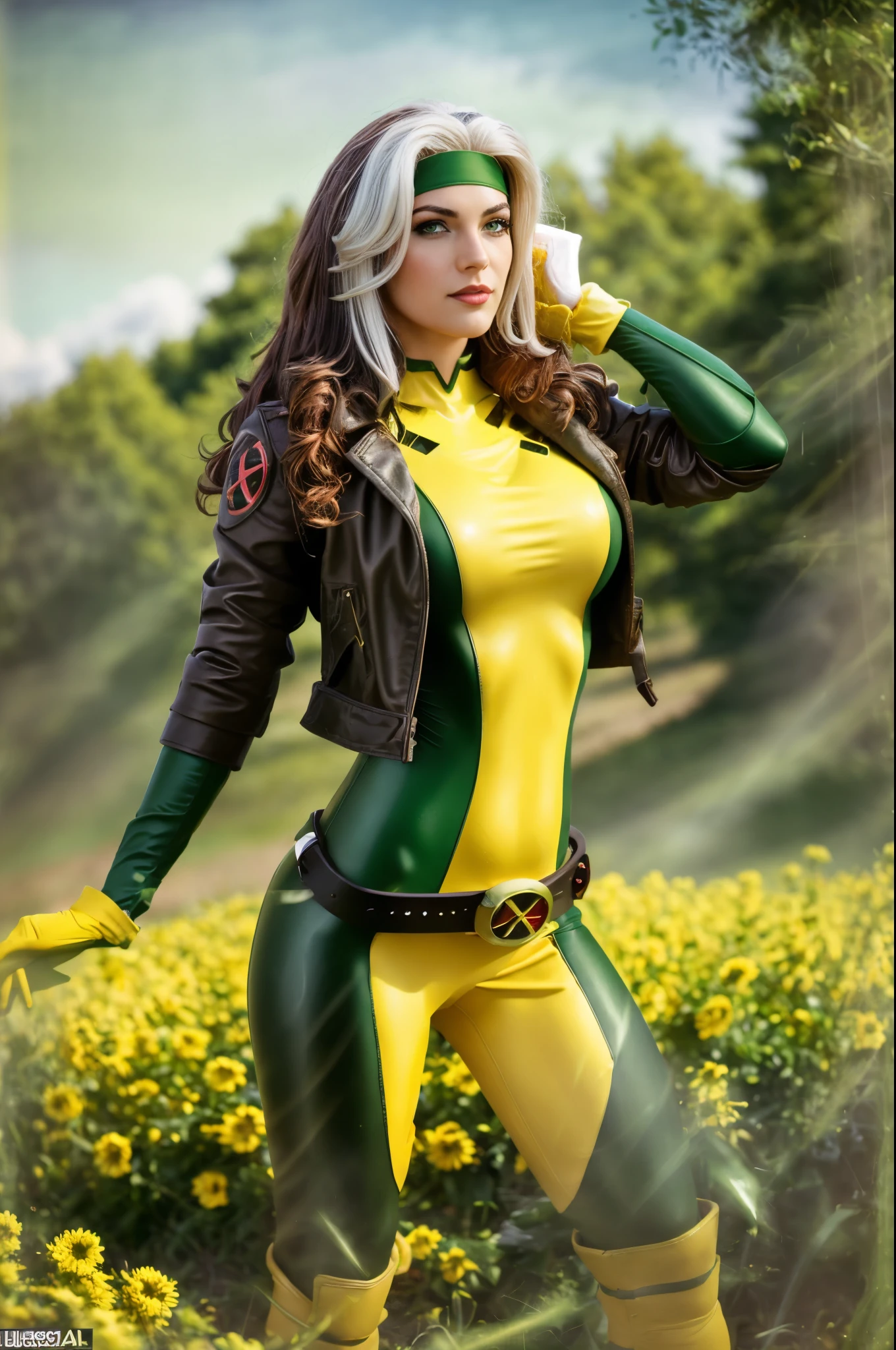 (masterpiece:1.0), (best_quality:1.2), (dark shot:1.3), Classic Rogue, 1991 Rogue X-Men, 1 girl, Only 1, cowboy shot, walking towards the viewer, looking to the side, leather jacket, leather belt, skin-tight green bodysuit, medium length hair, auburn hair, wavy hair, messy hair, one lock of white hair, green eyes, mischievous look, sexy smirk, parted lips, fit figure, curvy figure, large breasts, makeup, green headband, brown leather jacket, yellow gloves, belt, gold earrings, open jacket, yellow boots, (background: blue sky, fluffy clouds, field of flowers), (realism: 1.5), (Realistic: 1.4), (Absurdity:1.4), 8k, ultra-detailed, Detailed Beautiful Woman, very physically fit girl, official art, extremely detailed CG unity 8k wallpaper, ultra high res, photography, 8K, HDR, Kodak portra 400, film grain, blurry background, (bokeh:1.2), film grain:1.2, (color photo), professional photograph