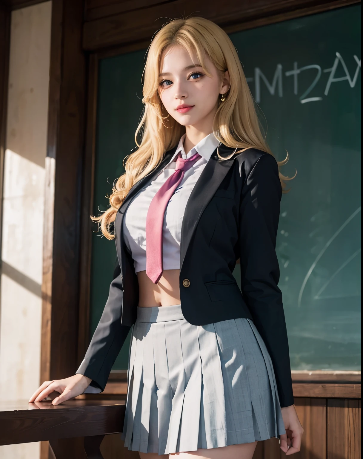 1girl, (Blue Eyes), (smiling :1.2), (Sana Minatozaki), (beautiful makeup :1.2), wide hips, big tits, big ass, (Best Quality, 8k, Masterpiece: 1.3), Clear Focus: 1.2, Perfect Body Beauty: 1.4, strong abs, Highly detailed face and skin texture, detailed eyes, double eyelids, (blonde long hair :1.2), (japanese school uniform), (Blazer uniform brown), (school shirt), (pleated skirt), (tie black), standing, dynamic pose, in a japanese school, blackboard in the background