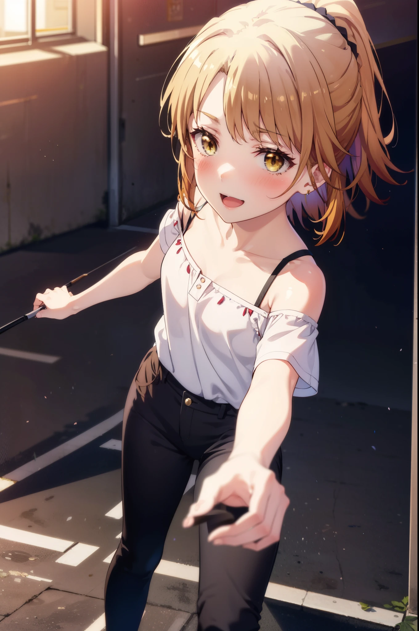 irohaisshiki, iroha isshiki, short hair, Brown Hair, (Brown eyes:1.5),happy smile, smile, Open your mouth,ponytail,short braided hair band,Cord off-shoulder top,Short sleeve,skinny pants,Stiletto heels,morning,morning陽,The sun is rising,walk,whole bodyがイラストに入るように,Looking down from above,
break outdoors, city,area,
break looking at viewer, whole body,
break (masterpiece:1.2), highest quality, High resolution, unity 8k wallpaper, (shape:0.8), (Beautiful details:1.6), Highly detailed face, Perfect lighting, Extremely detailed CG, (Perfect hands, Perfect Anatomy),