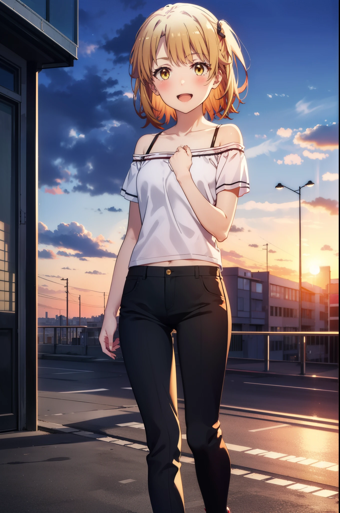 irohaisshiki, iroha isshiki, short hair, Brown Hair, (Brown eyes:1.5),happy smile, smile, Open your mouth,ponytail,short braided hair band,Cord off-shoulder top,Short sleeve,skinny pants,Stiletto heels,morning,morning陽,The sun is rising,walk,whole bodyがイラストに入るように,Looking down from above,
break outdoors, city,area,
break looking at viewer, whole body,
break (masterpiece:1.2), highest quality, High resolution, unity 8k wallpaper, (shape:0.8), (Beautiful details:1.6), Highly detailed face, Perfect lighting, Extremely detailed CG, (Perfect hands, Perfect Anatomy),