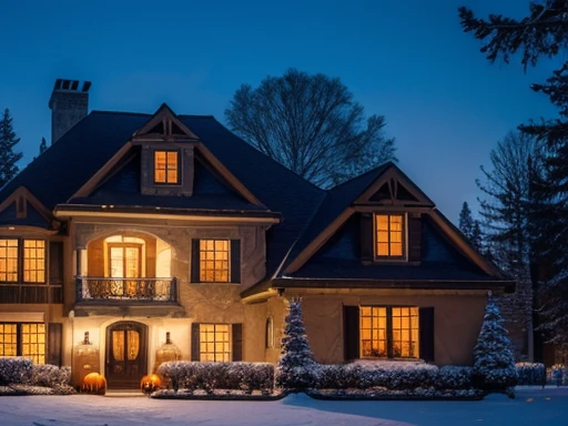 night,Snow,Halloween,bright,Luxurious house,European and American style scene,HD