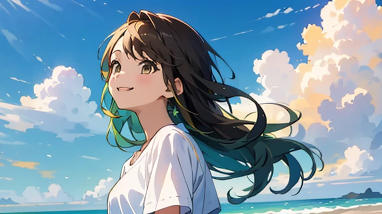 (masterpiece, highest quality, highest quality, Official Art, beautifully、beautiful:1.2), 1 girl,Daytime,blue sky,Sandy Beach,Cute older sister,Short sleeve,Upper Body,front,Semi-long hair,Hair color: Brown,Smile with mouth slightly open,Head to Feet,whole body,Gazing into the distance