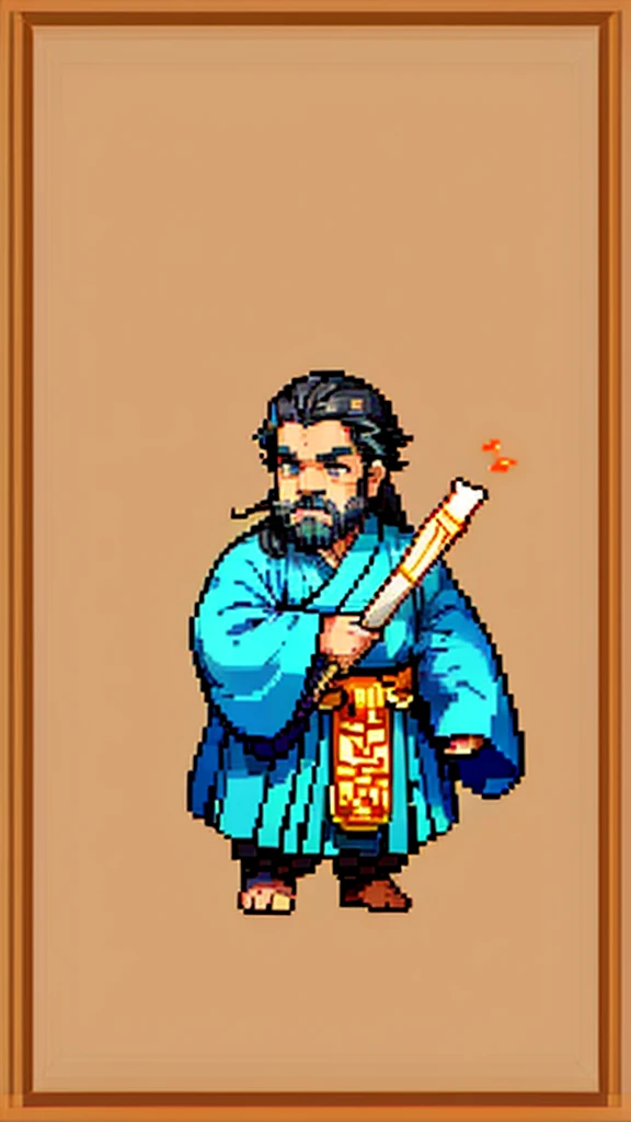 Old man in ancient Chinese costume、Wise Old Man、Looking into the camera、His hair is tied in a bun、Only one topknot、Long sleeve、Hanfu、Black Hair、Stand and pose、Pixel art、(masterpiece, highest quality, highest quality), pixel,pixel art,whole body,Characters in Romance of the Three Kingdoms、Transform、(beard)、Short Deformation、Old man with long beard