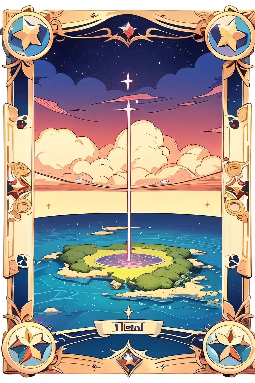 Dixit Card Generator - Island Card, The island is in the middle of a vast ocean and has clouds above it, The border is gold and embroidered with symbols in the corners that look like stars