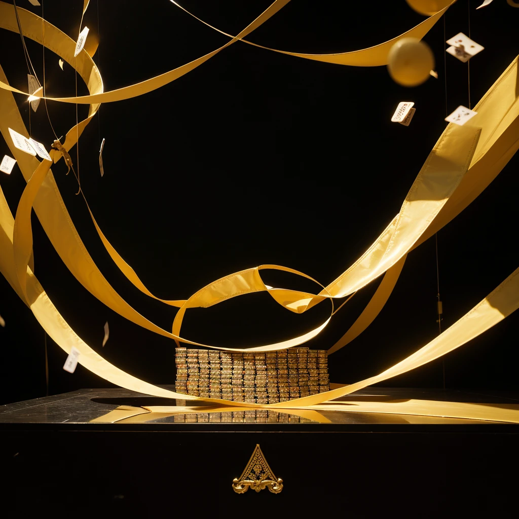 The opera house stage is on a black background with a wide aperture lens with a lot of flying playing cards accompanied by gold powder ribbons and colorful balloons