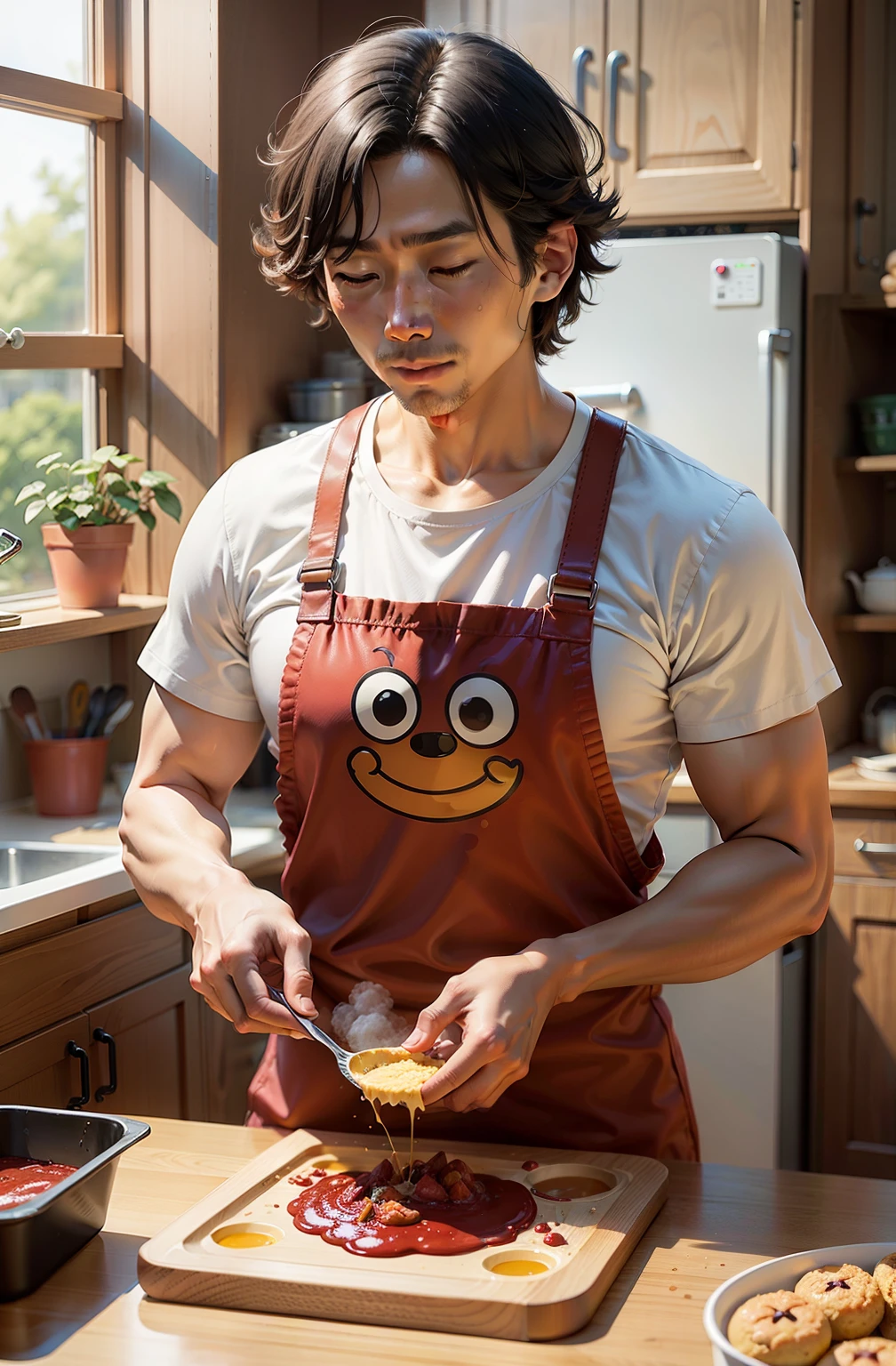 Uncle Jam is baking Anpanman's face with flour containing preservatives, and Anpanman has a moldy face.