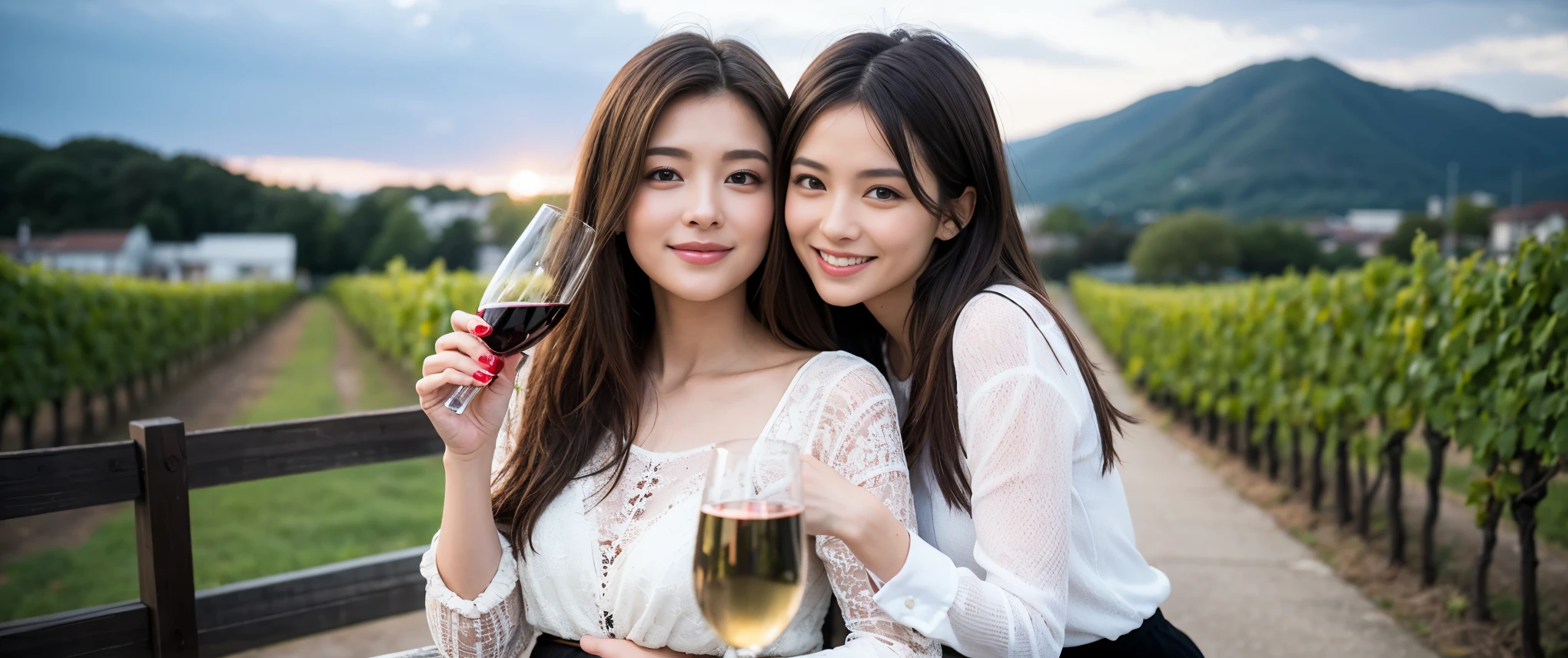 ((highest quality、8k、masterpiece:1.3))、1 male、1 female、Couple、Spouse、Couple、The body is slim、((Bob Hale、Straight hair:1.2)), (Realistic, Intricate details:1.2), テーブルの上のwine glass、Shine light on your face、 Amazing view of the sunset sky and clouds、Amazing mountain views、A bright smile、The wonderfulness of smile、Bright image、The beauty of wine, Beautiful Face, blue eyes, The light shines on your face, Blushing, short hair,Bright Face、 (Age 37), 39 years old, red wine 、Appetizers、Italian food、Wine bottle、Champagne、sparkling wine、Two beauties、Brown Hair、Shortcuts、Long sleeve shirt、dress、Pretty Woman 1, (slimな顔), (The body is slim), (Brown Hair), (Shortcuts), cheeks turn a little red,Attractive beauty、restaurant, In a prominent place (From the waist up) Nova Frog Style, actress, model, Upper Body, White wine, slim, wine glass, 中央に置かれたwine glass, smile, (smile: 1.15), Beautiful fine grain, Depth f/2,saturation, High Contrast, Strong light and shadow,Moist Body:1.5、3D texture、Delicate eyes、Brown Hair、The hair is very shiny、
