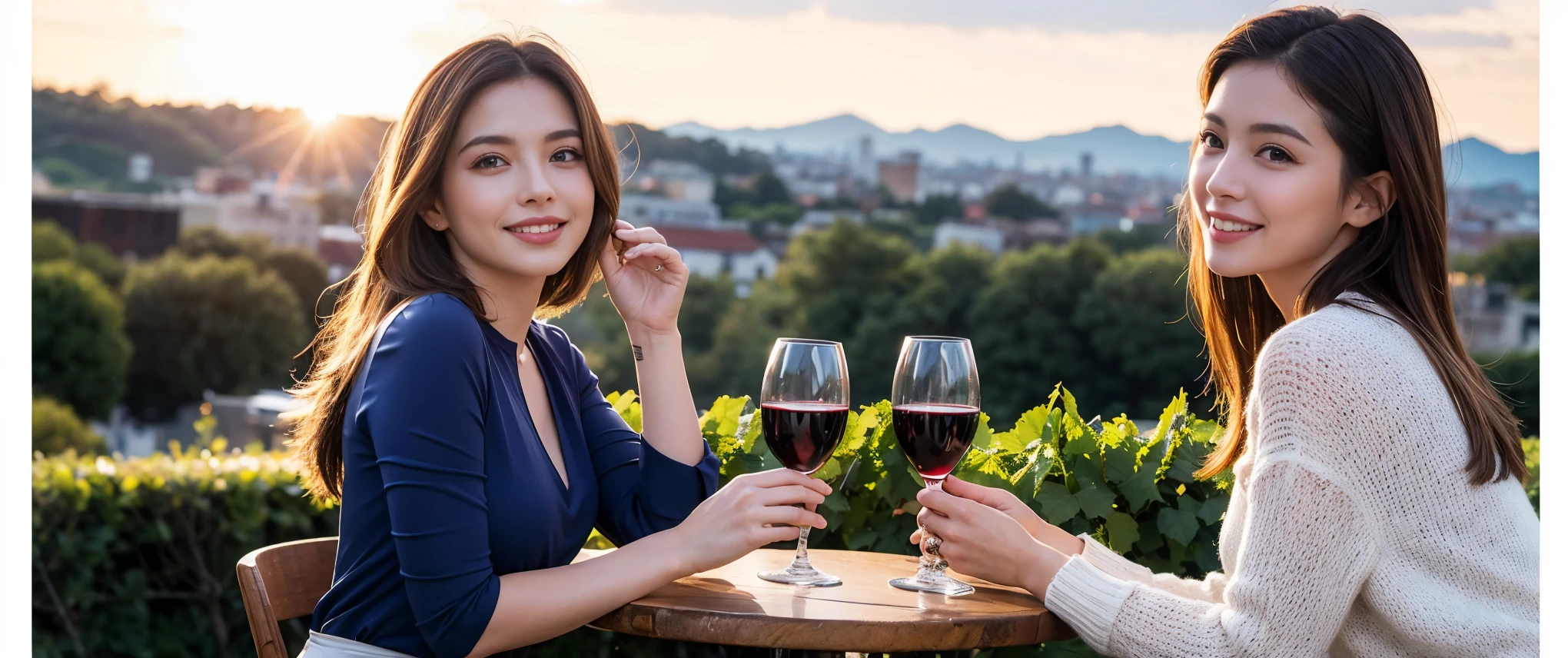 ((highest quality、8k、masterpiece:1.3))、1 male、1 female、Couple、Spouse、Couple、The body is slim、((Bob Hale、Straight hair:1.2)), (Realistic, Intricate details:1.2), テーブルの上のwine glass、Shine light on your face、 Amazing view of the sunset sky and clouds、Amazing mountain views、A bright smile、The wonderfulness of smile、Bright image、The beauty of wine, Beautiful Face, blue eyes, The light shines on your face, Blushing, short hair,Bright Face、 (Age 37), 39 years old, red wine 、Appetizers、Italian food、Wine bottle、Champagne、sparkling wine、Two beauties、Brown Hair、Shortcuts、Long sleeve shirt、dress、Pretty Woman 1, (slimな顔), (The body is slim), (Brown Hair), (Shortcuts), cheeks turn a little red,Attractive beauty、restaurant, In a prominent place (From the waist up) Nova Frog Style, actress, model, Upper Body, White wine, slim, wine glass, 中央に置かれたwine glass, smile, (smile: 1.15), Beautiful fine grain, Depth f/2,saturation, High Contrast, Strong light and shadow,Moist Body:1.5、3D texture、Delicate eyes、Brown Hair、The hair is very shiny、